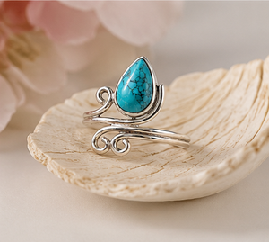 <b>Turquoise</b> Tear Drop Gemstone <b>Ring</b> 925 Sterling Silver Open Band Handmade Fine Jewelry Gift - Product Image 2