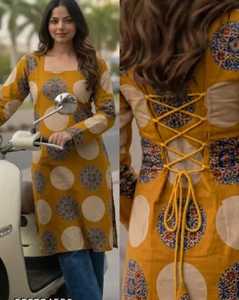 Traditional <b>Red</b> Cotton Kurti With Blue Polka Dot Print For Women Casual Wear Midi Length Regular Fit Fancy Dori Pattern Kurtis - Product Image 4