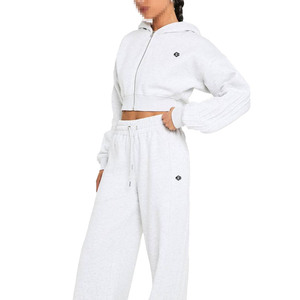 Ensemble de survêtement gris en polaire pour femme, comprenant un sweat à capuche court et un pantalon large, coupe oversize, avec cordons de serrage, direct usine - Product Image 3