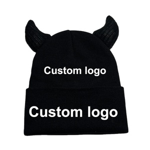 Custom Embroidery Logo Jacquard Winter Halloween Party Y2K Horn Knitted Curled Blank Beanie <b>Hat</b> - Product Image 1