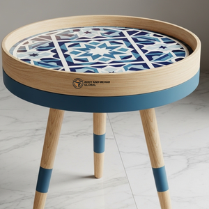 Blue Geometric Pattern Wooden <b>Stool</b> Handcrafted Round Decorative Accent <b>Stool</b> <b>with</b> Natural Wood Leg - Product Image 1