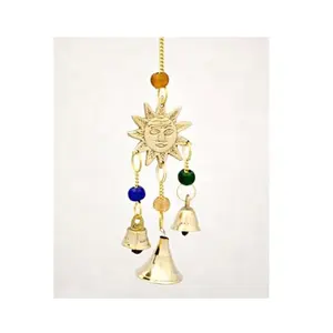 Customized Casted Brass Sun With Face Hanging Chime Bells With Three Brass Bells Hanging With Sun Wholesale