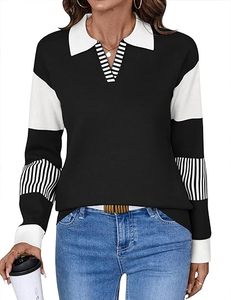 Suéteres holgados de manga larga con cuello en V, suéteres de punto a rayas con bloques de color, tops tipo jersey - Product Image 3