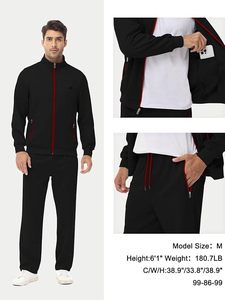 Ensemble de survêtement décontracté pour homme, manches longues, fermeture éclair sur le devant, noir avec bordure rouge, respirant, en polyester, pour l'automne - Product Image 3
