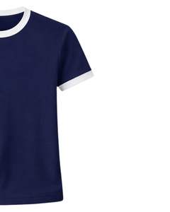 เสื้อยืดคอกลมสีน้ำเงินกรมท่าสำหรับผู้หญิง แต่งขอบคอและแขนเสื้อสีขาว ตัดเย็บแบบลำลอง แขนสั้น ผ้าฝ้าย เหมาะสำหรับฤดูร้อน - Product Image 3