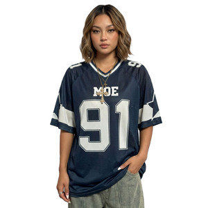 Camiseta de fútbol americano con cuello en V, azul, de malla oversize, unisex, para parejas, estilo Y2K, streetwear, blusa de verano hip hop con estrellas, rayas y números. - Product Image 3