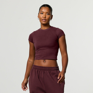 Women Solid Color Knitted Crew Neck <b>Crop</b> <b>Top</b> Casual Short Sleeve T-Shirt Maroon - Product Image 1