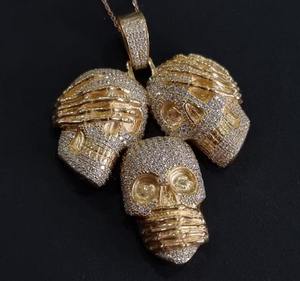 Pendentif de luxe Hip Hop en argent sterling 925 certifié, avec trois crânes sages en moissanite, motif 'Voir, Entendre, N'aimer Pas le Mal', plaqué or 18 carats - Product Image 6