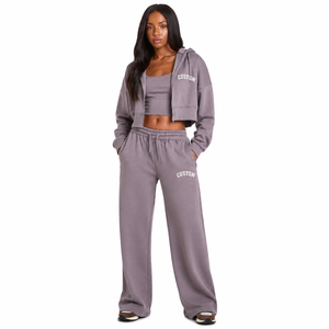 Ensemble de survêtement décontracté athleisure pour femme, avec sweat à capuche court zippé et pantalon de survêtement large, couleur lavande, personnalisable avec logo OEM, marque privée, fabrication en usine - Product Image 1