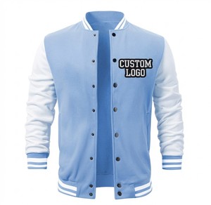 Custom Logo Embroidered Varsity <b>Jacket</b> <b>Men</b> Light Blue White Sleeve Preppy Style Baseball Coat Autumn Casual Wear - Product Image 1