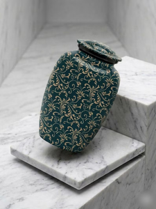 European Style Cremation Urn for Adult with Gold Floral Pattern on Teal Background Customizable Design - Product Image 3