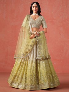 Elegant Beaded Organza <b>Lehenga</b> Set with Strapless Neckline Backless Blouse A-Line Silhouette Floor-Length Skirt for Bridesmaid - Product Image 6