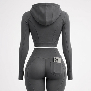 Womens Gray Zip Up Hoodie Yoga Set Long Sleeve Crop Top High Waist <b>Leggings</b> Gym Fitness Workout Activewear Two Piece Set - Product Image 4