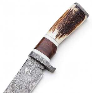 Cuchillo utilitario de acero de Damasco hecho a mano con mango de cuerno de ciervo natural y palisandro, herramienta artesanal - Product Image 4