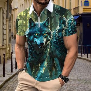 Polo pour homme à imprimé numérique Deep Jungle Wolf |   T-shirt artistique à fermeture éclair 1/4 par sublimation |   Vêtements d'été à motif animal bleu et vert - Product Image 6