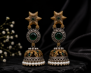 Direct Factory Oxidized <b>Silver</b> Two-Tone Flower Jhumka <b>Earrings</b> | Indian Bohemia Stone Dangle <b>Drop</b> <b>Earrings</b> | Wholesale Supplier - Product Image 6