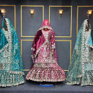 Gharara nupcial de terciopelo estilo Farsi con doble dupatta de gran vuelo y adornos de piedras Jarkan en 7 elegantes colores para boda - Product Image 3