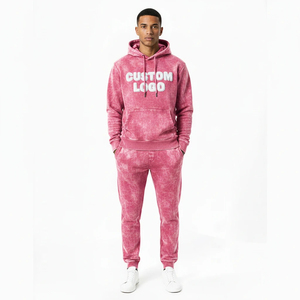 Custom Logo Pink Acid Wash Tracksuit Men Heavyweight Fleece Hoodie and Jogger Set Streetwear Streetwear style OEM Service - Product Image 1
