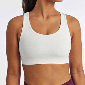 Sujetador deportivo sin costuras para mujer, blanco, con espalda cruzada, cuello redondo, de alto soporte, para yoga y ropa deportiva, de elastano y poliéster, ecológico, de secado rápido, con cierre frontal. - Product Image 4