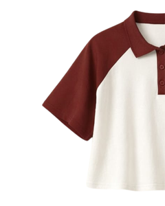 Custom <b>Maroon</b> And White Women Cropped Polo T Shirt Raglan Sleeve Casual Cotton <b>Top</b> Button Placket Summer Fashion Streetwear Tee - Product Image 3