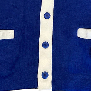 Custom Royal Blue Button Cardigan Sweater Chenille Patch Logo Embroidery <b>White</b> Contrast Pocket Trim 3 Stripe Sleeve Winter - Product Image 6