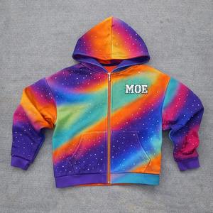 Sweat à capuche personnalisé tendance avec strass, 100 % coton, pour homme, zippé, tie-dye, épais, veste arc-en-ciel personnalisée avec strass - Product Image 1