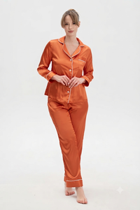 Conjunto de Pijama Casual de Poliéster Transpirable para Mujer, Color Azul Satinado, Manga Corta, Cuello Alto, Cierre de Botones, Color Sólido, Ropa de Dormir para Otoño 2 - Product Image 3