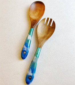 Home Kitchen Wood Salad Server Spoon With Enamel Printed Crafts <b>Dining</b> Tabletop Decor Wood Cooking Spoon - Product Image 1