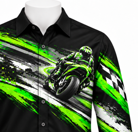 Black <b>Long</b> <b>Sleeve</b> Button-Up <b>Shirt</b> Green Motorcycle Racing Graphic Checkered Flag Abstract <b>Stripe</b> Print 100% Cotton <b>Men</b> - Product Image 3