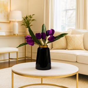 Maceta de Metal para Flores, Florero Cilíndrico Negro con Diseño de Anillo Dorado y Textura Brillante para Uso en Interiores y Exteriores - Product Image 4