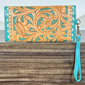 Portefeuille de luxe pour femme en cuir véritable orné de motifs floraux turquoise, pochette à main élégante avec porte-cartes intégré - Product Image 5