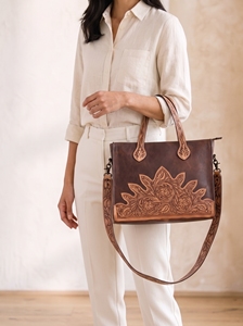 Bolso Tote de Cuero Genuino Personalizado, Hecho a Mano, Anti-Robo, para Mujer, con Cierre de Cremallera con Diseño Floral en Relieve, para Compras - Product Image 5