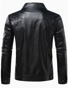<b>Men's</b> Black Cowhide <b>Leather</b> Bomber <b>Jacket</b> Turn-down Collar Zipper Closure Slim Fit Regular Length Solid Color Winter Wear - Product Image 2