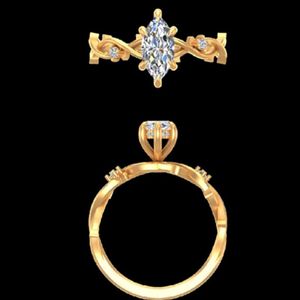 Anillo de compromiso único de oro amarillo de 14k y 18k con diamante marquise de 1.11 quilates, banda floral y detalles redondos, joyería nupcial. - Product Image 3