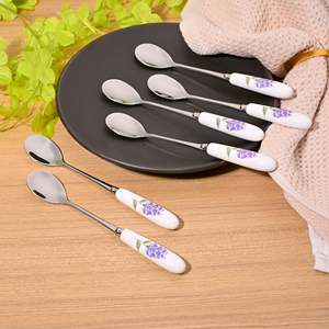 Elegante Juego de 6 Cucharas para Postre con Mango de Cerámica en Forma de Flor de Lavanda, Herramientas Esenciales para Disfrutar de Delicias Dulces - Product Image 5