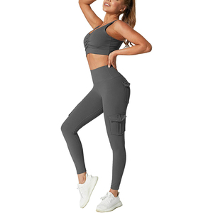 High Waisted Seamless Yoga <b>Leggings</b> Solid Stretch Workout Pants with Pockets Full Length Elastic Waist - Product Image 4
