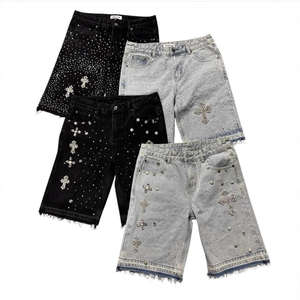 Nouveaux shorts en jean hip-hop croisés à strass, coupe droite, respirants, entièrement ornés de diamants - Product Image 3