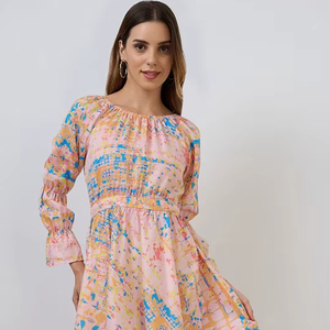 Vestido midi formal acampanado con estampado floral y cuello redondo para mujer, con mangas abullonadas y dobladillo suelto, lavable. - Product Image 1