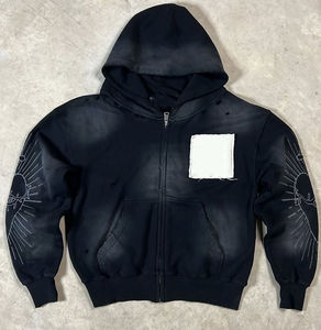 <b>Mens</b> <b>Black</b> Zip Up Hoodie Distressed Graphic Hoodie Oversized Streetwear Hooded Sweatshirt Vintage Washed Casual Jacket - Product Image 1