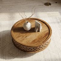 Table basse ronde en bois de manguier massif avec rangement, design sculpté, mobilier de salon moderne et traditionnel