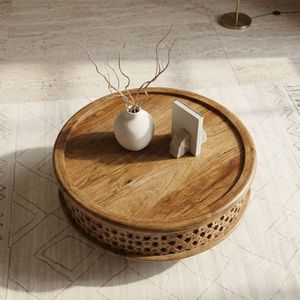 Mesa de Centro Redonda de Madera de Mango Maciza con Almacenamiento, Diseño Tallado, Muebles Modernos y Tradicionales para Sala de Estar - Product Image 4