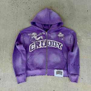 Hoodie unisexe personnalisé surdimensionné violet délavé vintage zippé pour homme, coupe courte, avec strass et lettres graphiques vieillies, style streetwear - Product Image 1