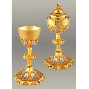 Metal Chalice And Ciborium Set With Ornamental Religious Details For Formal Liturgical Presentations - Product Image 3