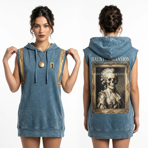 Chaleco con capucha sin mangas azul desgastado con gráfico de retrato de esqueleto de Haunted Mansion, corte deshilachado, estilo camiseta muscular, fabricante - Product Image 1
