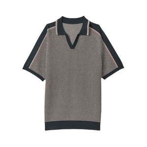 Custom Men’s Black Beige Jacquard Knitted <b>Polo</b> <b>Shirt</b> Short Sleeve Open Collar Contrast Shoulder <b>Stripe</b> OEM Manufacturer - Product Image 1