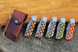 Handmade Damascus Pocket <b>Knife</b> 3in Back Lock Clip Point Serrated Edge <b>Folding</b> Olive Blue Wood Handle Birthday Groomsmen - Product Image 6