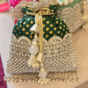 Unique Design Dark <b>Green</b> <b>Silk</b> Potli Bag Golden Butti Print Pearl Border Embroidery Women Wedding Bridal Drawstring Purse Ethnic - Product Image 1