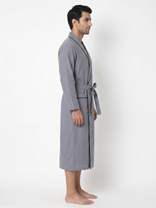 Men Gray Long Sleeve Robe With Pockets Casual Sleepwear Gown Bathrobe Soft 100% Cotton Nightwear Robe Gown Mens - Product Image 2