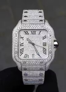 Montre carrée de luxe en acier inoxydable 39 mm, incrustée de diamants, affichage analogique de la date, mouvement mécanique, pour homme - Product Image 1