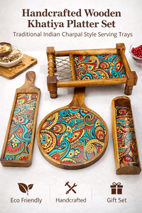 ชุดถาดไม้ทำมือแบบคัตติยะ สไตล์เรสติก ถาดเสิร์ฟชาร์ปาย งานฝีมืออินเดีย ถาดเสิร์ฟอาหาร ของตกแต่งบ้าน ชุดถาดของขวัญ - Product Image 5